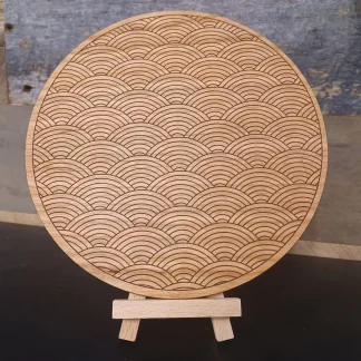 8" Circular Wood Japanese Wave Pattern Art - Minimalist Seigaiha Wagara Design - Tranquility & Peace - Laser Etched  - Made with Cherry Wood